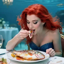 ariel eating a fish dinner, hyper realistic, beautiful, 4 k, red hair, succulent, under water, banquet