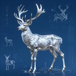 silver deer, in the style of Greg Broadmore and Arthur Rackham and Moebius,trending on artstation, light lighting side view,digital art,surrealism ,macro,blueprint ,vaporwave ,