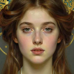 beautiful young woman detailed realistic face portrait by krenz cushart maxfield parrish barclay shaw and jean delville, art nouveau, symbolist, visionary, pre - raphaelite