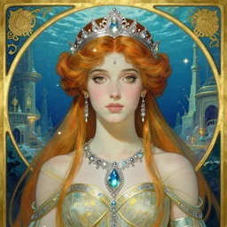 princess kida the high queen of ancient atlantis, a beautiful art nouveau portrait by gil elvgren, beautiful underwater city environment, centered composition, defined features, golden ratio, silver jewelry, stars in her gazing eyes