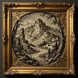 a illustration fantasy wood frame engraving with extreme intrincate details, gold border highly detail ornaments art by fantasy style, centered, facing shot