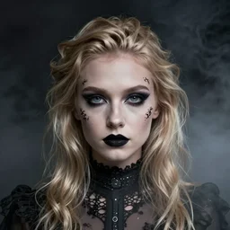 modeling photograph kerli koiv, blonde, beautiful, dark, mysterious, bubble goth, detailed symmetrical face, half body shot, fog dramatic, teen