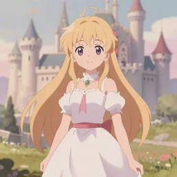 stunning anime girl, animated, pastel colors, muted colors, fantasy art, castle in the background