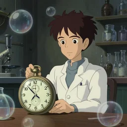 studio ghibli dull colors interior portrait cartoon from close encounters of the third kind 1 9 7 7 of a skinny grey pocketwatch scientist alone in his laboratory bubble.