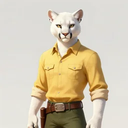 beautiful portrait commission of a male Furry Anthro white furred mountain lion Fursona wearing a yellow button-down shirt, olive green slacks in a old-timey western town. Atmospheric. Renowned character illustration by greg rutkowski, thomas kindkade, alphonse mucha, loish, norman rockwell. detailed, inked, western comic book art