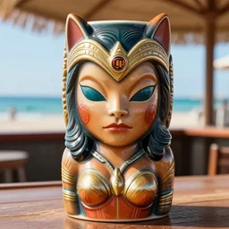a closeup photorealistic photograph of a cat woman style tiki mug from trader vic's featuring the face of cat woman at the beach bar. bright scene. dc comics. fine detail. this 4 k hd image is trending on artstation, featured on behance, well - rendered, extra crisp, features intricate detail, epic composition and the style of unreal engine.