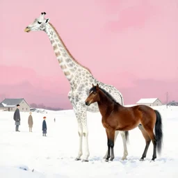 a still frame illustration of a white giraffe slowly morphing into a horse, in a middle of a white snowy winter field, the sky is pink clouds by quint buchholz, cheng hsiao - ron, wes anderson, fujita goro, edward hopper, rene magritte, simon stalenhag, fine details, ornate, simon stalenhag and henry rousseau