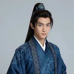 male martial artist with a manchu pigtail!!!! asian facial features and blue eyes!! intricate ornate blue robes!! character concept art, sharp focus, octane render! unreal engine 5! highly rendered!! trending on artstation!! detailed linework!! illustration by artgerm, wlop, and chie yoshii