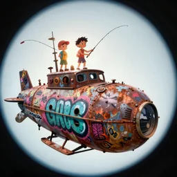 memorable animation key shot, fisheye lens, backlit, two kids fishing atop the rusty robot submarine schwerer gustav!!!! covered in bold grafitti!, paint drip, colorful! murals, hut, studio ghibli, pixar, disney concept art watercolor illustration by craig mullins, dean cornwell, nc wyeth, satoshi kon!