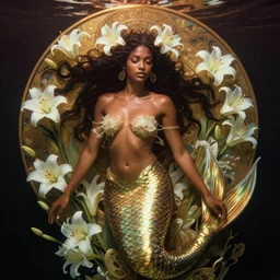 film still, cinestill 8 0 0 t, underwater photography full body portrait of a dark skin mermaid haitian goddess, white lilies, intricate, sensual features, dewy skin, reflective skin, highly detailed, divine holy perfection!! artstation, smooth, sharp focus, warm lighting, illustration, art by artgerm and greg rutkowski and alphonse mucha