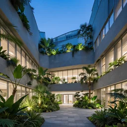 The atrium of a refurbished contemporary building filled with tropical plants, project by Kengo Kuma, blue hour, 4k