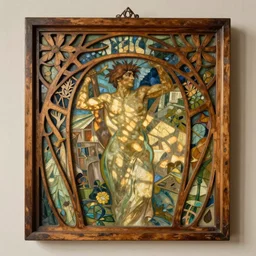 an art nouveau wood screen picture frame by brian froud and alphonse mucha distressed wood patine painting concept cinematic lighting Gaudi