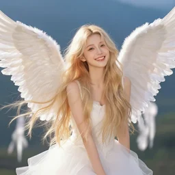 long shot of a young woman with long blond hair and beautiful full flowing angel wings smiling at the camera, joyful, lively, digital painting