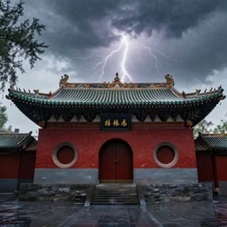 shaolin temple in the rain, thunder, ultra realistic