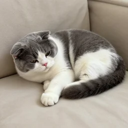 bicolor gray and white Scottish Fold English Shorthair mix. napping cat on comforter. cozy scene. photorealism, 4k, 135mm.