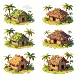 game asset sheet, material study, 2 d sprite, jungle huts and other makeshift structures