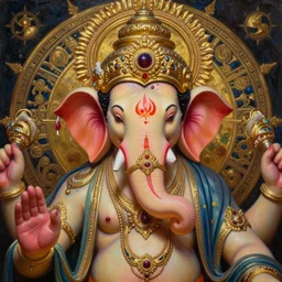 hyper realistic painting portrait of ganesha, occult diagram, elaborate details, detailed face, intrincate ornaments, gold decoration, occult art, oil painting, art noveau, in the style of roberto ferri, gustav moreau, david kassan, bussiere, saturno butto, boris vallejo