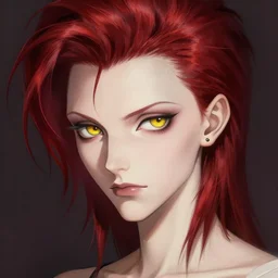portrait of hisoka morow hunter hunter thin lips small eyes very thin pursed lips extremely sharp jaw yellow eyes narrow almond eyes sultry eyes dark red hair soft hair slicked back crimson hair anime, madonna bowie elegant, highly detailed, digital painting, artstation art by artgerm and greg rutkowski and alphonse mucha