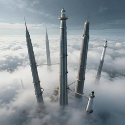 the last guardian skinny towers, looking down from giant ancient thin towers poke out of the clouds, lighthouse connected with rope bridge!!, babel, vertigo, huge distance, by craig mullins, by ruan jia!, ( ( dr sues ) ), cold, dramatic lighting