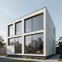 brutalist exterior design contemporary big windows, showing city landscape on background, minimalist architecture,, octane render, high quality, 8 k, post production