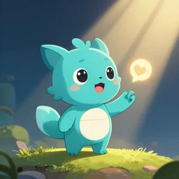 zoom of cyan cute spirit axie pet speaking inspiring speach, standing on hill, fantasy, studio ghibli, clean cel shaded vector art, cinematic lighting, volumetric lighting, smooth, sharp focus, highly detailed, render in unreal engine 5, artstation, deviantart, behance, trending, epic composition, octane, light rays, award - winning