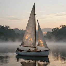 a detailed RPG portrait of a sail boat on a reflective lake in a quiet morning by escume, dawn, crepuscular rays, mist, octane render, deviantart