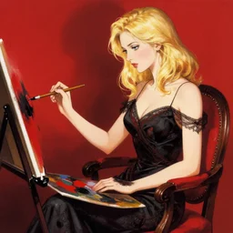 beautiful woman with shoulder length blonde hair, wearing an elegant dress, sitting in a chair, painting, red and black color palette, in the style of greg rutkowski, high quality anime artstyle, intricate