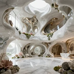highly detailed ultra sharp 3 d render villa interior cinematic composition of a smooth ceramic porcelain biomorphic magnolia stone nebula fluid fractal sci - fi surreal architecture landscape, white granite, corals, metallic, magnesium, marble, moss and lichen, vincent callebaut composition, mamou - mani, archviz, beautiful lighting, 8 k, unreal engine, hdr,