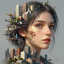 highly detailed portrait of a female face made of cityscapes, stephen bliss, unreal engine, fantasy art by greg rutkowski, loish, rhads, ferdinand knab, makoto shinkai and lois van baarle, ilya kuvshinov, rossdraws, tom bagshaw, global illumination, radiant light, detailed and intricate environment