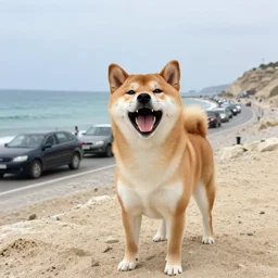 shiba inu laughing at heavy car traffic leaving a Crimean beach