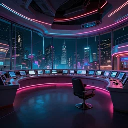 wide angle photo of 60‘s retro space control room from interior, neon-decorated urban on night in the city seen through the windows,modern interior design, architectural design, vintage, night blade runner, dark, postapocalyptic, clean lines, 4k, octane, colorful ,lunarcore city seen at distance outside, big windows,octane, wide angle