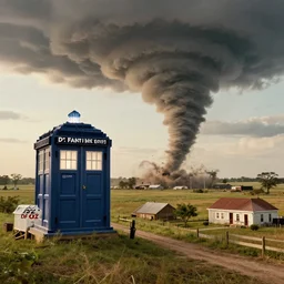 photo realistic panoramic film still of dorothy town being taken away by a giant texas tornado, in the art style of dr. who, highly detailed, wizard of oz kansas farm environment, early morning, vivid color, 8 k