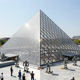 gleaming steel and glass pyramid reflecting the bright sun, built and constructed by millions of robot android humanoid surrounding laborers