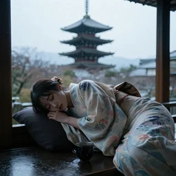 asian female sleeping in kimono in okd pagoda during rainy day, cinematic photography