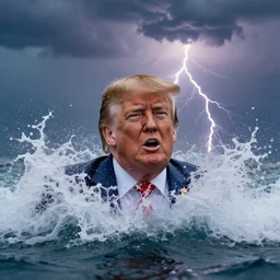 hyperrealistic photo of donald trump emerging from the ocean, raging, big splash, droplets, dark lightning clouds, overcast, thunder, lightning strike, closeup, telephoto zoom, ultra detailed, sharp focus, cinematic, 1 0 0 mm, dslr, 4 k