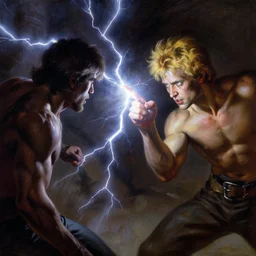 a man with short blonde hair blasting lightning bolts from his fingertips at his enemy in battle. detailed matte painting. masterpiece. 4 k. fantasy art. by craig mullins. franzetta. repin