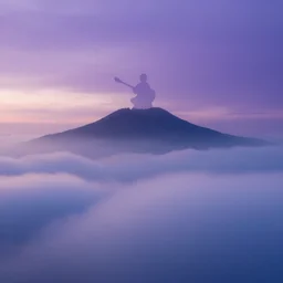 clouds that look like mountains, figure with a guitar behind mist, sunrise, purple and blues, art by Ivan Aivazovsky