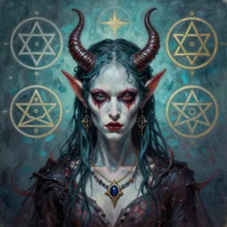 portre of an autistic demon on acid, masonic and kabalistic symbols in background, oil painting