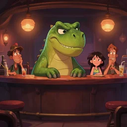 grumpy dinos sitting in a bar, fantasy, concept art, artstation, disney, pixar, dreamworks, anime, tyler edlin, feng zhu, jparked, thomas karpi