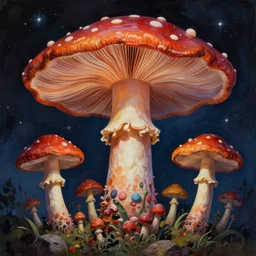 psychedelic mushrooms dream, insanely detailed matte painting, night, by dave mckean, masterpiece