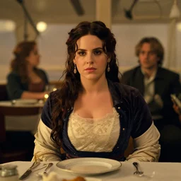 movie still of a lana del rey with a big bust sitting at a table, titanic ship interior, directed by quintin tarantino