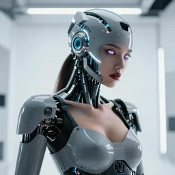 creative photo of sensual dancer as a cyberpunk mecha humanoid robotic head shoulder parts with linear bright led lights, inside white room, ultra - realistic and detailed, 8 k