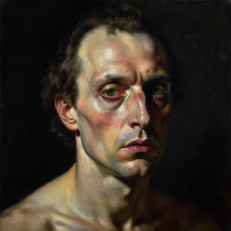 refined gorgeous blended oil painting with black background by christian rex van minnen rachel ruysch dali todd schorr of a chiaroscuro portrait of an extremely bizarre disturbing mutated man with shiny skin acne intense chiaroscuro cast shadows obscuring features dramatic lighting perfect composition masterpiece