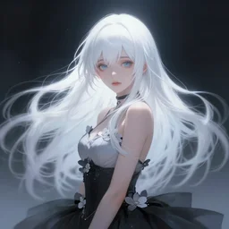 girl with white hair and black skirt, flower decorations, dreamy, beautiful illustration, scifi, atmosphere, top lighting, blue eyes, perfect composition, smooth, artstation, highly detailed, art by yuhong ding and chengwei pan