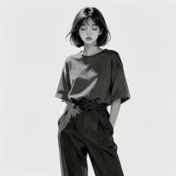 portrait of a girl in long pants and a top, hands in pockets, eyes closed, bob haircut, digital art, black and white, clean sketch by junji ito and kaoru mori