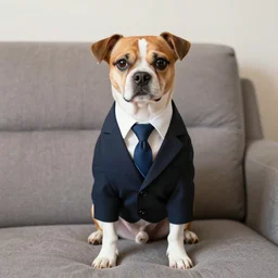 a dog waring a suit sitting in a couch