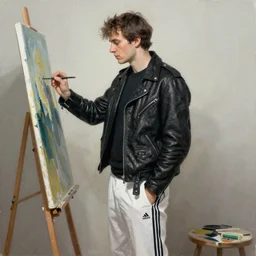 gopnik in a black leather jacket,  white Adidas pants, painting by Kimlit