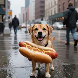 a happy dog!!! in a hotdog!!! bun!!!, 3 5 mm f 1. 2 photograph, dof, new york street, wet, rainy, photorealistic, inspired by zdzislaw beksinski and gerard brom