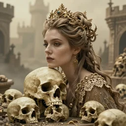 cinestill 5 0 d wide portrait of a dreamy woman by liebovitz, stay on skulls, ancient misty castle environment, pale gold tonal matt, hair intricate style, wearing intricate ancient lace, elegant, highly detailed, soft blur, artstation, sharp focus, head in focus,