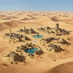 the elder scrolls vi hammerfell, mesa, dessert, settlements, shanty townships, oasis, outposts, temple ruins, sand dunes, illustration, perfectly shaded, oft painting, art by krenz cushart and wenjun lin